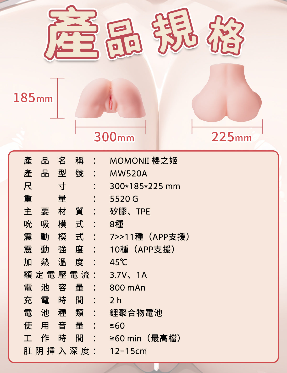 MOMONII 美姬系列 櫻之姬 真人感腰臀 × 含弄+震動+APP操控 大型固定式電動飛機杯 成人情趣用品